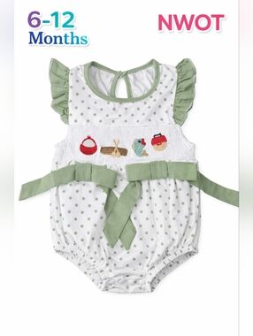 Green White Polka Dot Romper Short Sleeve Ruffle Bow Embroidered 6-12 Months